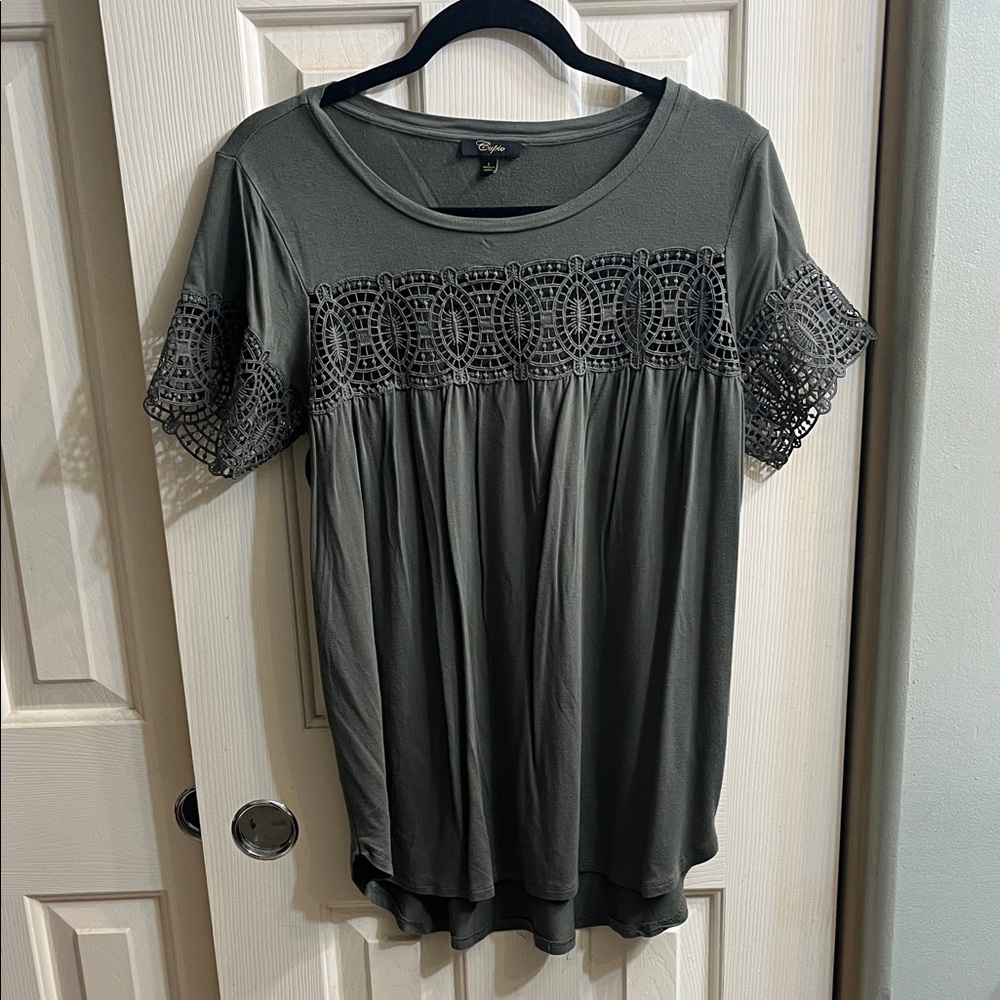 Cato Olive Crochet Accent Blouse